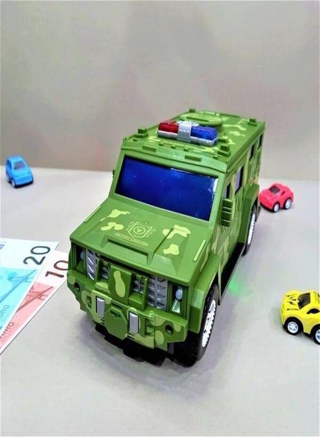 EVERMALL Military Car Money Safe Box for Kids Piggy Coin and Cash Savings Box, Military Truck Lights and Sound Music Army Jeep Money Saving Safe Bank Children Toy - Image 4